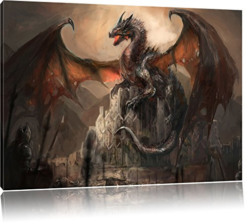 Pixxprint Drache schützend über Burg, Größe: 120x80cm, Leinwandbild, fertig gespannt, Wandbild, Dekoration, Kunstdruck, kein Poster