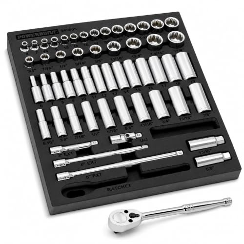 Powerbuilt 54 Piece Socket and Ratchet Tool Set, Extension Bars, Deep and Shallow Sockets, Organizer Tray, Pro Tech Series - 949005