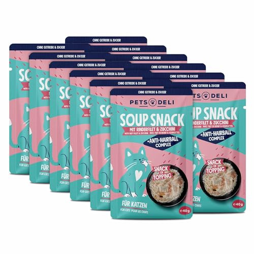 Pets Deli Suppe für Katzen mit Rind & Zucchini, 12x40g | Hoher Anteil Rinderfilet, mit Zucchini als Gemüsekomponente, getreidefrei, ohne Zucker, Premium Qualität