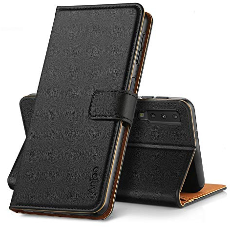 Anjoo Hülle Kompatibel für Samsung Galaxy A7 2018, Handyhülle Tasche Premium Leder Flip Wallet Case Kompatibel für Galaxy A7 2018 [Standfunktion/Kartenfächern/Magnetic Closure Snap], Schwarz