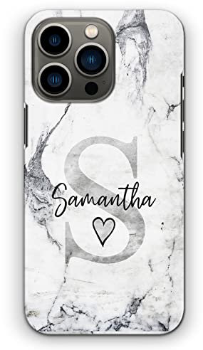 Personalised Initials Hard Phone Case For Apple iPhones, 16, 15, 14,13, 12, 11, Pro Max, Mini, XR, SE White Grey Marble with Heart, Grey Custom Initial and Black Name Marble Case, Hard Phone Cover