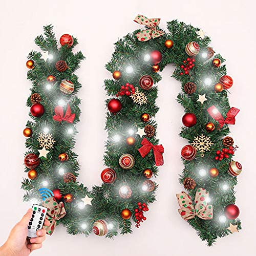 Guirnalda de Navidad con Batería Luz Decoración, Morbuy 270cm Decorar del Hogar Forma de Ramas de Pino Árbol Artificial para Chimeneas Árbol Jardín Corona de Pino con Luz (270cm,Blanco)