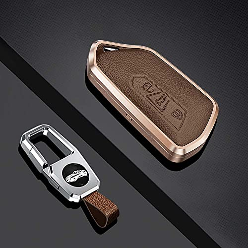 HIBEYO Smart Autoschlüssel Hülle passt für VW Golf 8 Seat Leon MK 4 Schutzhülle 3-Tasten Skoda Octavia Autoschlüssel Schlüsselhülle Cover Schlüsselbox Schlüsselanhänger Leder-Braun