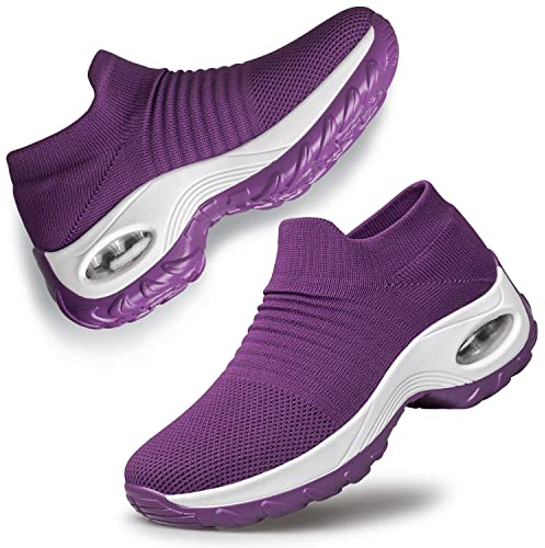 Raoendis Womens Slip on Running Shoes Plantar Fasciitis Trainers, Ladies Non Slip Workout Nuring Sneakers Orthopedic Shoes Thick Bottom Purple Size 3.5