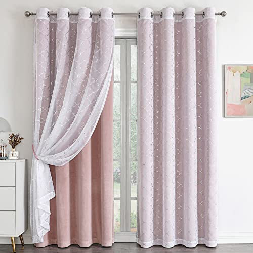 4-teiliges Vorhang-Set, Mix and Match, marokkanisches Metallic-Silber, bedruckt, weiß, durchscheinend und rosa, Samt, Raumverdunkelungsvorhänge, 132x160 cm, Ösen, Wohnzimmer, staubige Rose