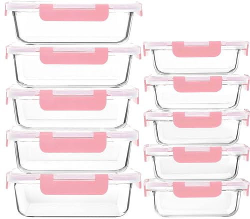 [10-Pack]Glass Meal Prep Containers with Lids, Glass Food Storage Containers with Lifetime Lasting Snap Locking Lids, Airtight Lunch Containers, Microwave, Oven, Freezer and Dishwasher Friendly, Pink