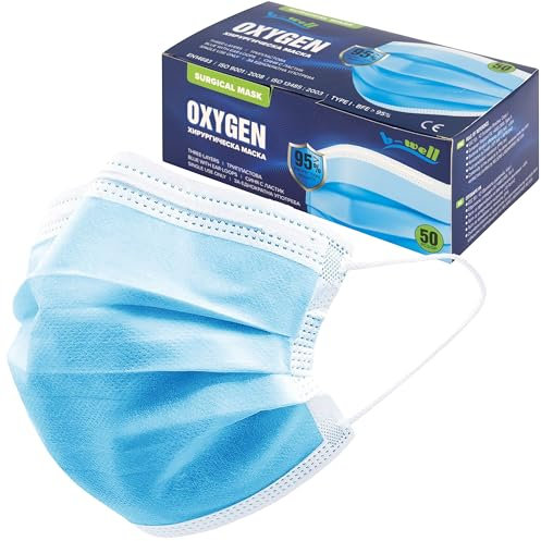 B-well OXYGEN Masken Medizinisch Mundschutzmasken OP Masken 3-lagig Mundschutz Gesichtsmaske Einwegmaske (Blau 50 stück)