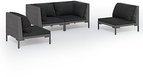vidaXL Gartenmöbel 4-TLG. mit Kissen Ecksofa Mittelsofa Sitzgruppe Sofa Lounge Garten Garnitur Gartenset Gartensofa Poly Rattan Dunkelgrau