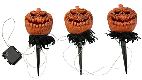 EUROPALMS Halloween Kürbisse mit Erdspieß, 3er-Set, 39cm | Stableuchten-Set als Gartendekoration