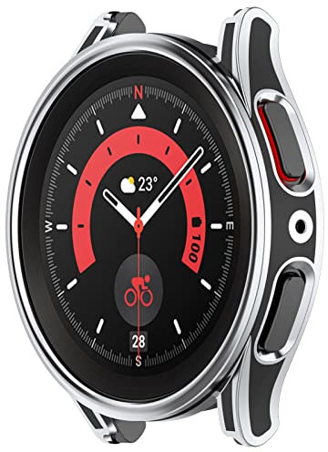 LOKEKE Compatible with Samsung Galaxy Watch 5 Pro 45MM PC Protective Watch Case Cover with Tempered Glass Screen Protector(Black + Silver)