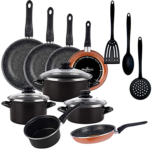 Magefesa PK5595 Pack de 5 Sartenes, 18/20/24/26/28, Bateria de Cocina, 3 Utensilios de Cocina