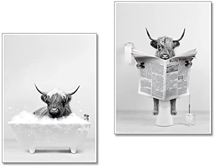 ERBO 2er Lustige Hochland Kuh Wandkunst in Badewanne Deko Bilder - Schwarz-Weiß Leinwand Bild - Bilder Badezimmer Bad Toilette - Hochwertiger Kunstdruck Poster - Ohne Rahme (20x30cm)