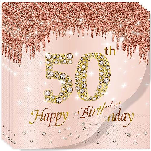 Yiran Rose Gold Happy 50th Birthday Napkins, Women 20Pcs Party Paper Napkins Disposable, Her Gifts Supplies, Tableware Decorations , Serviettes Tissue Luncheon Dinner (MGJZJ-50)