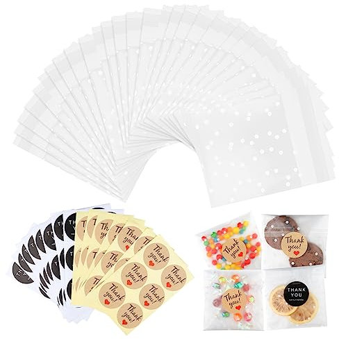 100 Pezzi Sacchetti Trasparenti Autoadesivi, Bustine Trasparenti 10 x 10cm Bustine Trasparenti per Caramelle con 100 Etichette di Ringraziamento, per Halloween Natale Caramelle
