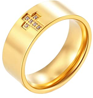 Epinki Titanstahl Herrenringe, Poliert Kreuz Zirkonia Breit 8MM Eheringe, Gold Trauringe Freundschaftsringe für Männer Freund, Größe 65 (20.7)
