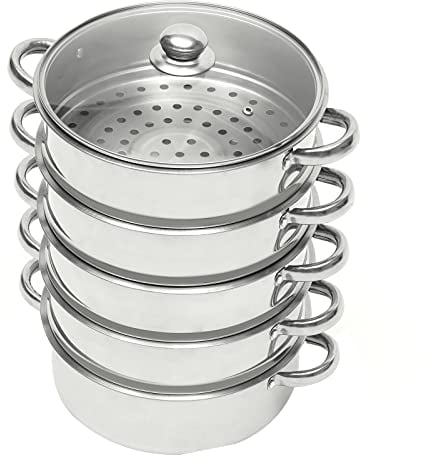 JINPRDAMZ 5-Layer Steamer 26 cm, High-Quality Stainless Steel Couscou Pot with Glass Lid for All Hobs Including Induction, 3-in-1 Use (Couscou Pot / Steamer / Cooking Pot)