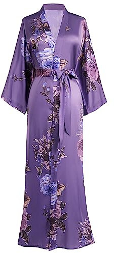BABEYOND Robe de chambre très longue en satin pour femme, kimono d’été à motif floral, long peignoir kimono imprimé, pour soirée pyjama entre filles, taille unique