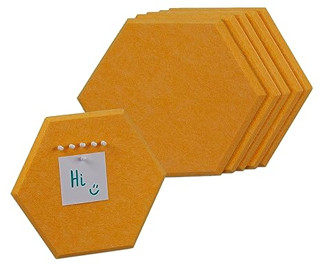 Relaxdays Filzpinnwand, 6 Stück, Selbstklebende Sechsecke aus Filz, HxBxT: 26x30x0,9 cm, Filzwand inkl. Pinnnadeln, gelb