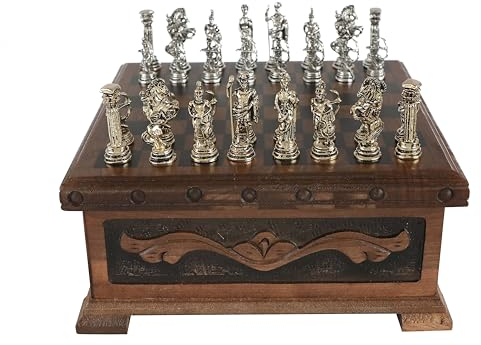Tubibu Schachset mit Walnuss-Schatz-Geheim-Zauberbox mit verstecktem Schlüssel, handgefertigtes einzigartiges Schachbrett mit Trojanischen Kriegs-Metall-Schachfiguren (klein)
