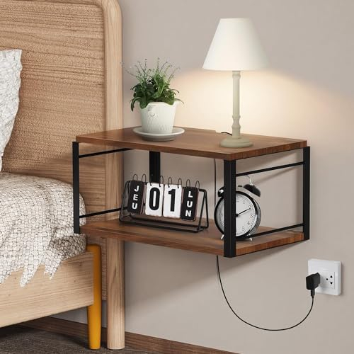 THYGIFTREE 2-stufiger Nachttisch,Schwebende Regale,Schwebendes Regal aus Holz und schwarzem Metall,Wandregal,Nachttisch für Schlafzimmer,Wohnzimmer,Badezimmer,Küche