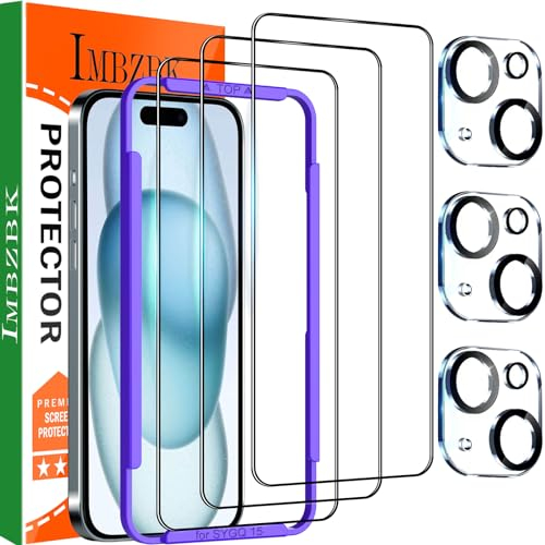 IMBZBK 3 Pièces Verre Trempé pour iPhone 15 avec 3 Pièces Protection Camera Objectif Accessoires, 9H Vitre Protection Ecran, Couverture Complète