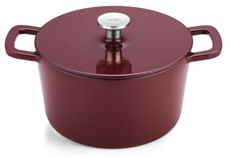 Fissler Moments Collection/Emaillierter Gusseisen-Bräter, rund (Ø 24 cm) Cast-Iron Topf, Cocotte AromaStar-Funktion, Induktion – Burgunderrot