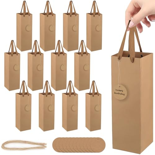 NICKLIN Wine Gift Bag,12Pcs Kraft Paper Bottle Bags with Round Tags and Jute Rope Recyclable Wine Champagne Gift Bag with Handles Wine Bags for Wedding Bottle Whiskey,Christmas,Wedding,Birthday