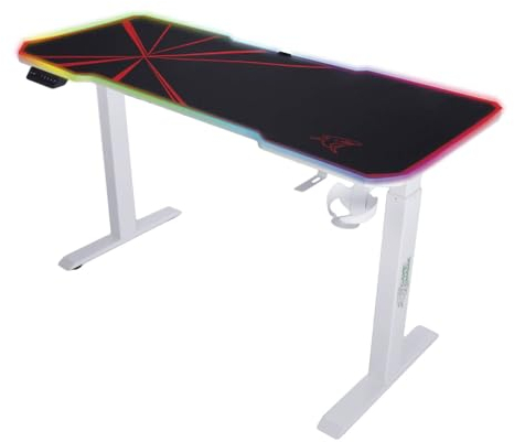 24unseremoebel Gaming Schreibtisch E-Talisman 140x60cm, Höhenverstellbar 70-118cm, Blattpodest mit LED-Beleuchtung, Ergonomisches Design, Stabile Konstruktion, Kopfhörerhaken, Becherhalter, weiß rot