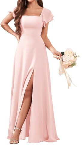 WSEYU Robe trapèze avec manches à volants en mousseline de soie et balayage/train pour invitées de mariage, robes de soirée Rose pâle. UK26