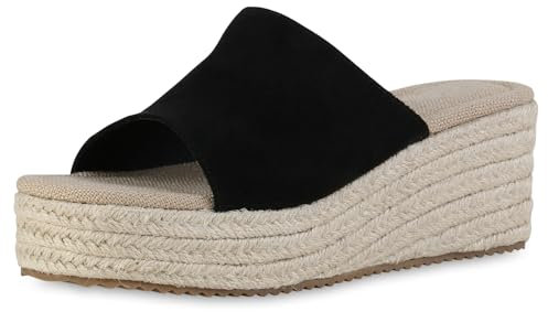 VAN HILL Damen Plateau Sandaletten Keilabsatz Bast Trendy Schuhe 215148 Schwarz 39