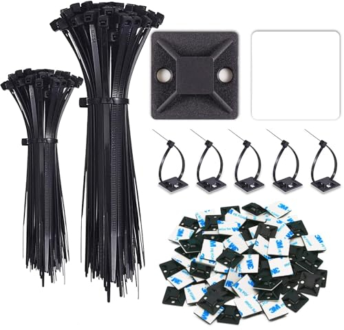 200 Stück Kabelbinder Schwarz Set und 100 Stück Starken Selbstklebend Basishalter, Klebesockel Kabel Halterungen Selbstklebend Basishalter und Kabelbinder UV Beständig für Heim Büro