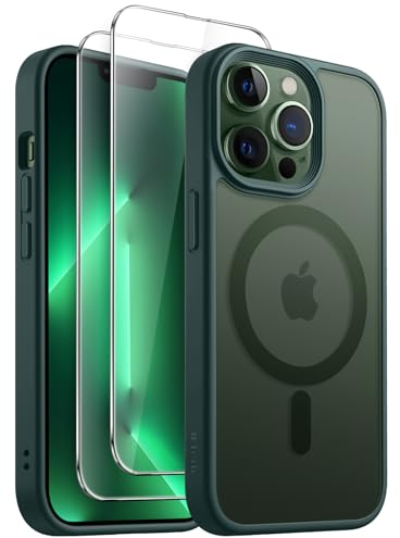 JETech 3 in 1 Magnetic Case for iPhone 13 Pro Max 6.7-Inch with 2 Pack Tempered Glass Screen Protectors, Compatible with MagSafe, Translucent Matte Back Shockproof Phone Cover (Dark Green)
