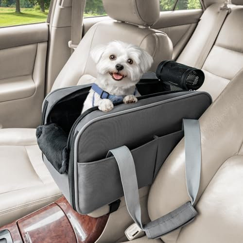PETSFIT mehrfunktional Hundesitz Mittelkonsole Auto, Autositz Hund Mittelkonsole Airline genehmigt mit Sicherheitsband und Taschen,Auto Flugtasche für kleine Hunde Katzen bis zu 5KG