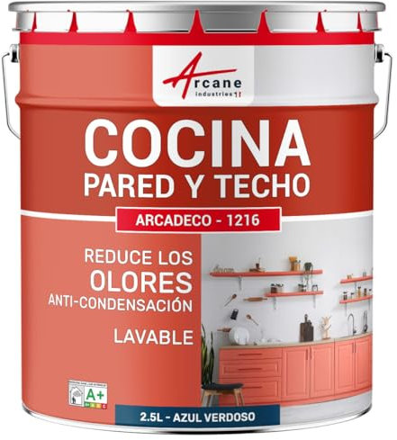 Pintura lavable para cocina, pared y techo: ARCADECO COCINA - 2.5 L Azul verdoso - ARCANE INDUSTRIES