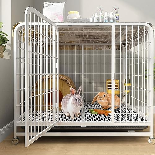 Kaninchenstall auf Rädern Innen, mit tiefen ausziehbaren Schalen und mobiler Umlenkrolle, Meerschweinchenkäfig Metalldrahtnetz Villa, Kleintierhaus für Frettchen, Chinchilla, Igel