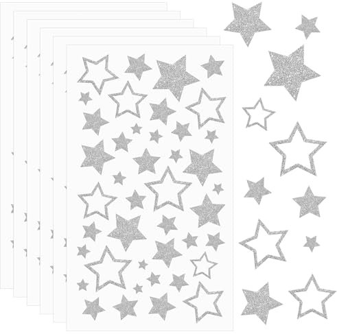 JJUNW 6 Blatt Sterne Aufkleber, Selbstklebend Glitzer Sternaufkleber Belohnungssticker für Kinder Star-Etiketten für Scrapbooking DIY-Grußkarten Weihnachten Deko Weihnachtskarten Bastelarbeiten(Silber