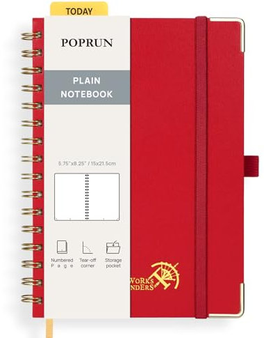 POPRUN Notizbuch A5 Blanko, Spiral-Notizbücher 120 GSM Papier, 141 nummerierte Seiten, Hardcover mit Kleberegisterkarten und 8 Abreißblättern - RD(Rot)
