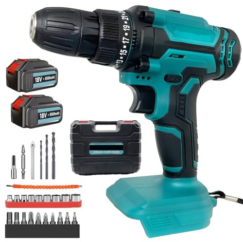 21V Akku Bohrschrauber Set,Ersatz für Makita 18V Akku, Akkuschrauber mit 2x 3.0AH Akku & Ladegerät, 26tlg Zubehör, 25+3 Drehmomenteinstellung, 2-Gang, LED-Licht, für Haus und Garten DIY Projekt