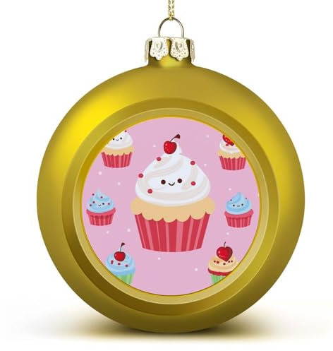 1 x niedliche Cupcake-bedruckte goldene Weihnachtskugel, Weihnachtsbaumschmuck, hängende Kugeln für Weihnachtsbäume, Geburtstag, Hochzeit, Party, Neujahr, 1 Stück