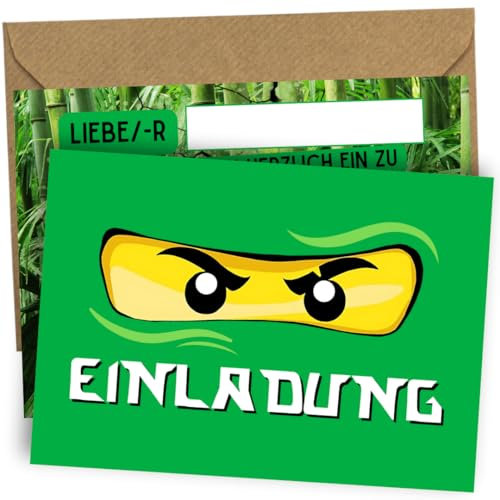 ZETTMANN® 24er Premium Einladungskarten Kindergeburtstag Junge - Set mit 12 Einladungskarten und 12 Umschlägen - Ninja Einladungskarten Geburtstag (Grüner Ninja)