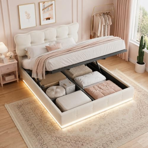 PerGar Bett 140x200 mit Hydraulischem Stauraum, Polsterbett Doppelbett mit LED Kopfteil, Jugendbett mit Bettkasten, Stauraumbett Bettgestell mit Lattenrost, Samt, Beige, Ohne Matratze