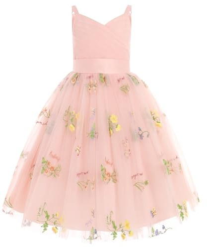 IWEMEK Fille Robe de Mariage Longue Robe de Demoiselle d'honneur Tutu Princesse en Spaghetti sans Manches Baptême fête Anniversaire Soirée Cocktail pour Enfants 6-14 Ans