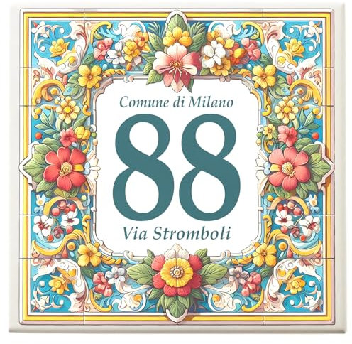Mattonella Numero Civico Personalizzato da Esterno - Targa in Ceramica 15x15 cm per Indirizzo, Nome Famiglia, Testo - Resistente e Personalizzabile (FLOWER 2)