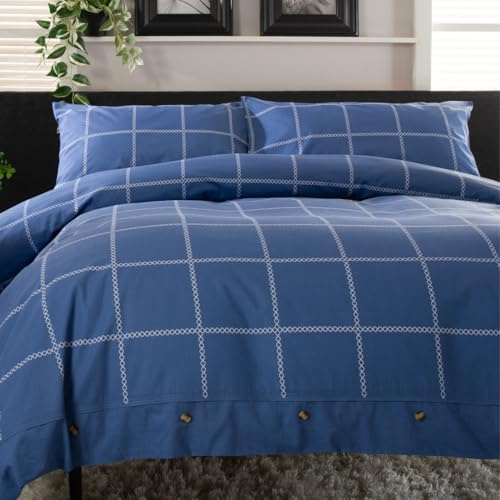 The Lyndon Company Crossley Heath Duvet Cover Set 100% Cotton | Printed 144 TC | Button Closure | Pillowcases Included | Machine Washable | Available in Blue, Rose, Grey, Green - All UK Sizes [Ki-Bl]
