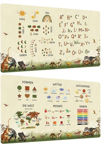 2er Set Lernen Schreibtischunterlage für Kinder 70x40cm - ABC Alphabet Mathe Zahlen Lernunterlage Wasserfest und Abwischbar aus Silikonähnliches Leder (Thema Dinosaurier)