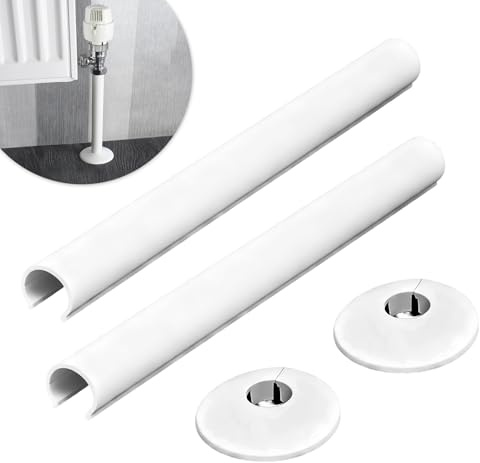 2 Pack Radiator Pipe Covers, Radiator Pipe Covers & Collars, 15mm x 200mm Snap On Pipes Sleeves for Floor Hole Heating Pipes, Easy Install for Home Office Heating System Skirting Board Finish (White)