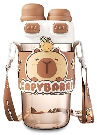 Cunegra Capybara Trinkflasche, Wasserflasche mit Stroh & Griff, Sportflasche Auslaufsichere Sporttrinkflasche, Capibara Flasche für Fitness, Büro, Schule, Capybara Geschenke (Braun, 720, Milliliter)