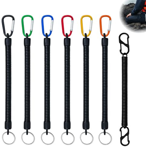 7 PCS porte-clés en spirale, 6 Porte-Clés en Spirale avec 1 Mousqueton à Double Tête avec Ressort, Cordon Élastique Anti-Perte pour Clés et Accessoires