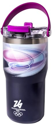 Bialetti Tumbler Termico in Metallo MICO, Milano Cortina 26, Bottiglia Isotermica con Cannuccia Retrattile e Manico inclusi nel tappo, Ideale per Sport e Outdoor, Mantiene Caldo/Freddo, Viola