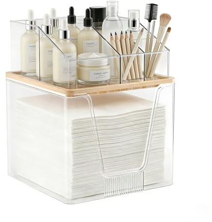 2 in 1 Disposable Facial Towel Holder and Cosmetic Organizer, Clear Storage with Bamboo Lid Compatible with Clean Skin Club Towel XL, Stackable Vanity Organizer for Bathroom Vanity Counter, 2 Tier